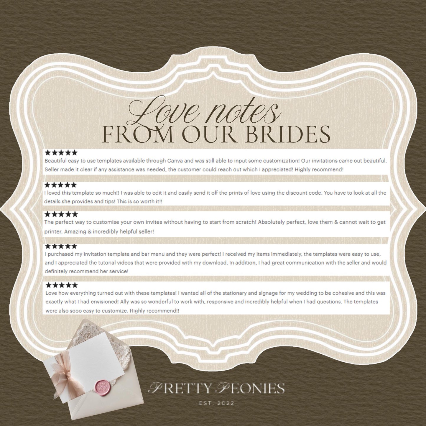 Customer testimonials from Pretty Peonies Shop brides