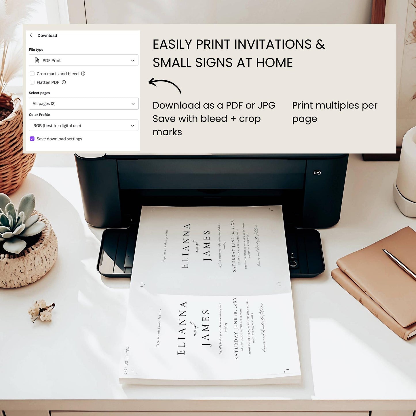 Easily print invitations and small signs at home with bleed and crop marks