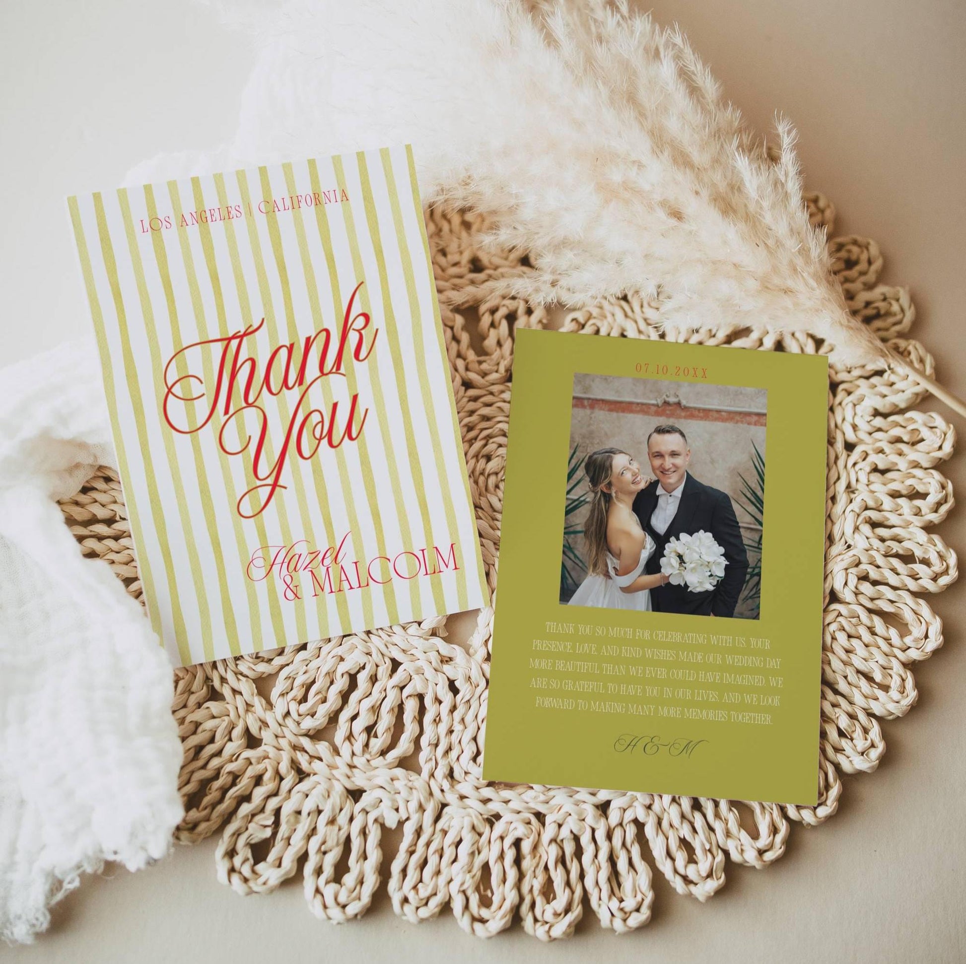 Two thank you cards, one with yellow stripes and Thank You text, one olive green with a couple photo