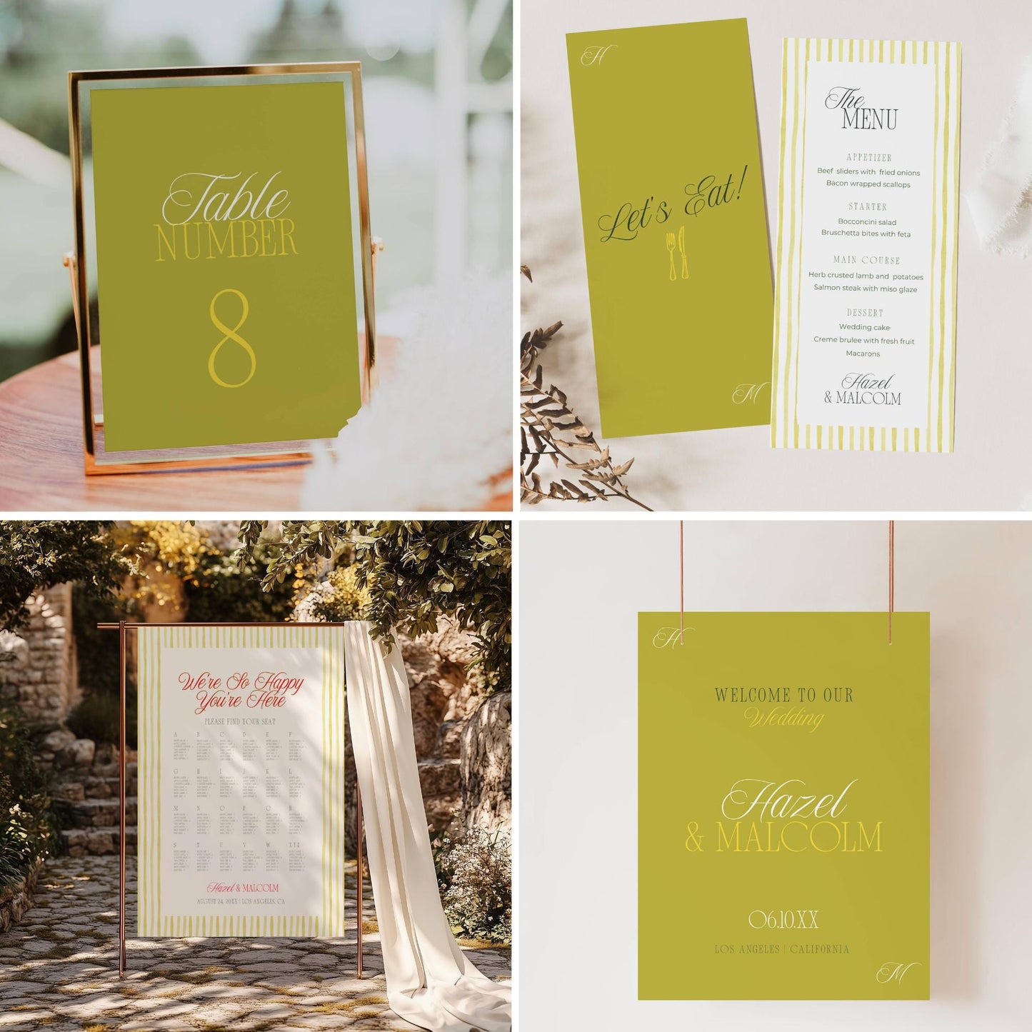 Olive green and white striped wedding stationery featuring table number sign, menu card, seating chart, and welcome sign
