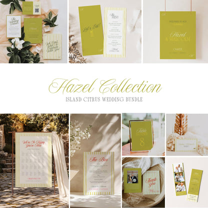 Olive green and white striped wedding stationery collection featuring welcome sign, menu, table numbers, seating chart, and thank you cards