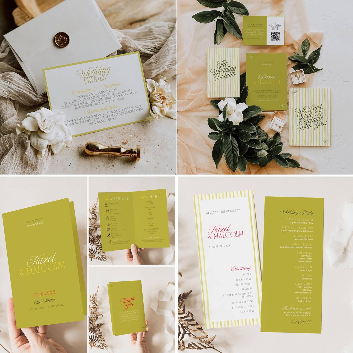 Olive green and white striped wedding suite with gold foil text including details card, programme, thank you note, and invitation