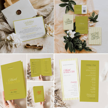 Olive green and white striped wedding suite with gold foil text including details card, programme, thank you note, and invitation