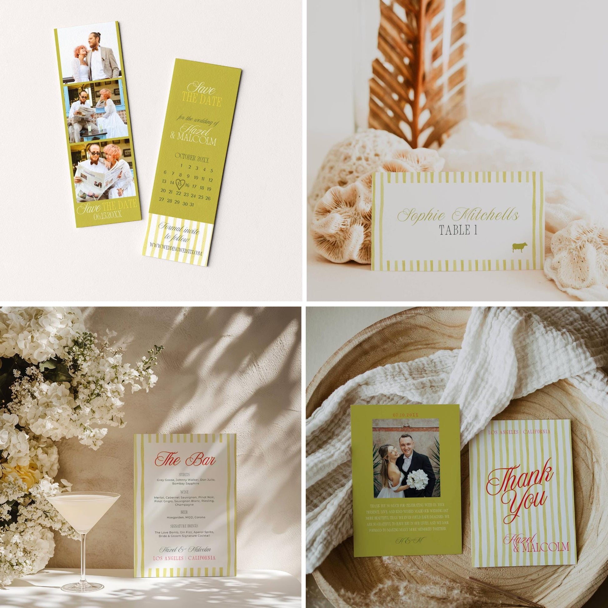 Lime green and white striped wedding stationery featuring a save-the-date bookmark, table card, bar menu, and photo thank you card