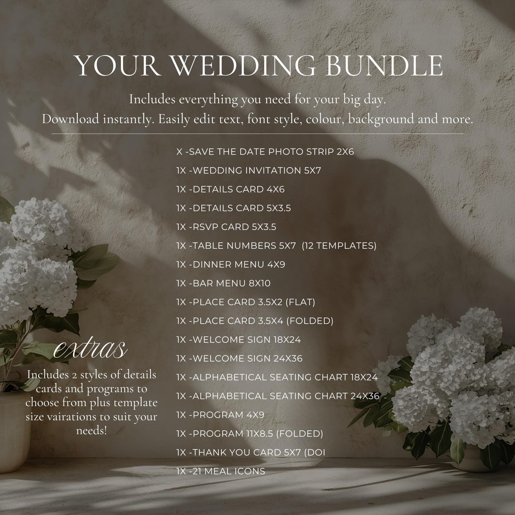 Wedding stationery bundle template list showing all included pieces and sizes