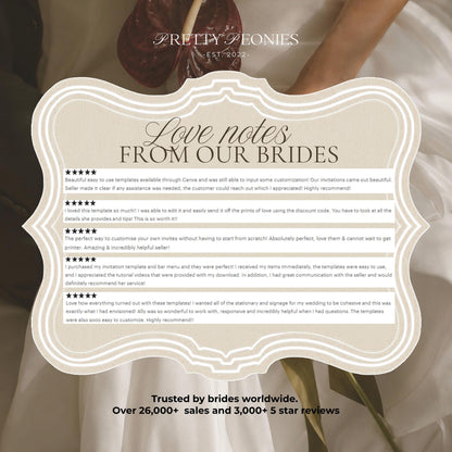 Love notes from our brides, five-star customer reviews for Pretty Peonies Shop wedding templates