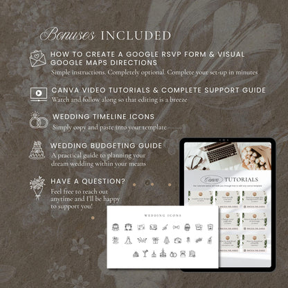 Included bonuses: Google RSVP form instructions, Canva video tutorials, wedding timeline icons and a wedding budgeting guide