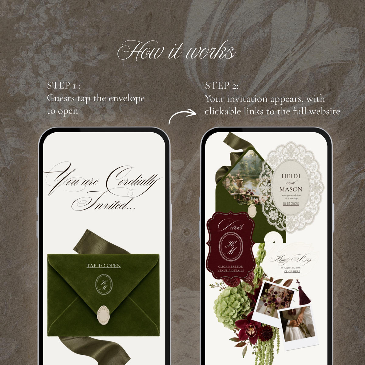Digital wedding invitation on two phones, a green tap to open envelope beside the opened invitation with burgundy florals and couple photos