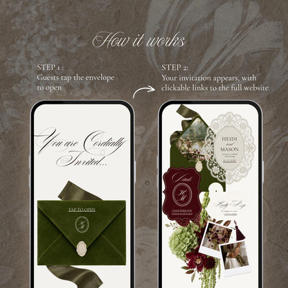 Digital wedding invitation on two phones, a green tap to open envelope beside the opened invitation with burgundy florals and couple photos