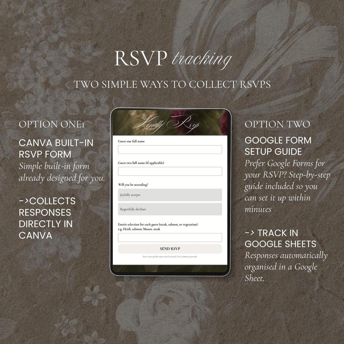 Two ways to track wedding RSVPs, a built-in Canva form or Google Form setup guide, with a sample RSVP form for guest names, attendance and meal selection