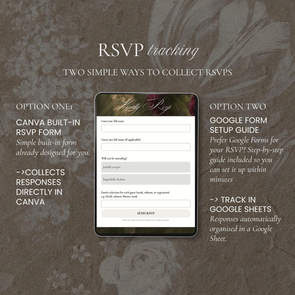 Two ways to track wedding RSVPs, a built-in Canva form or Google Form setup guide, with a sample RSVP form for guest names, attendance and meal selection