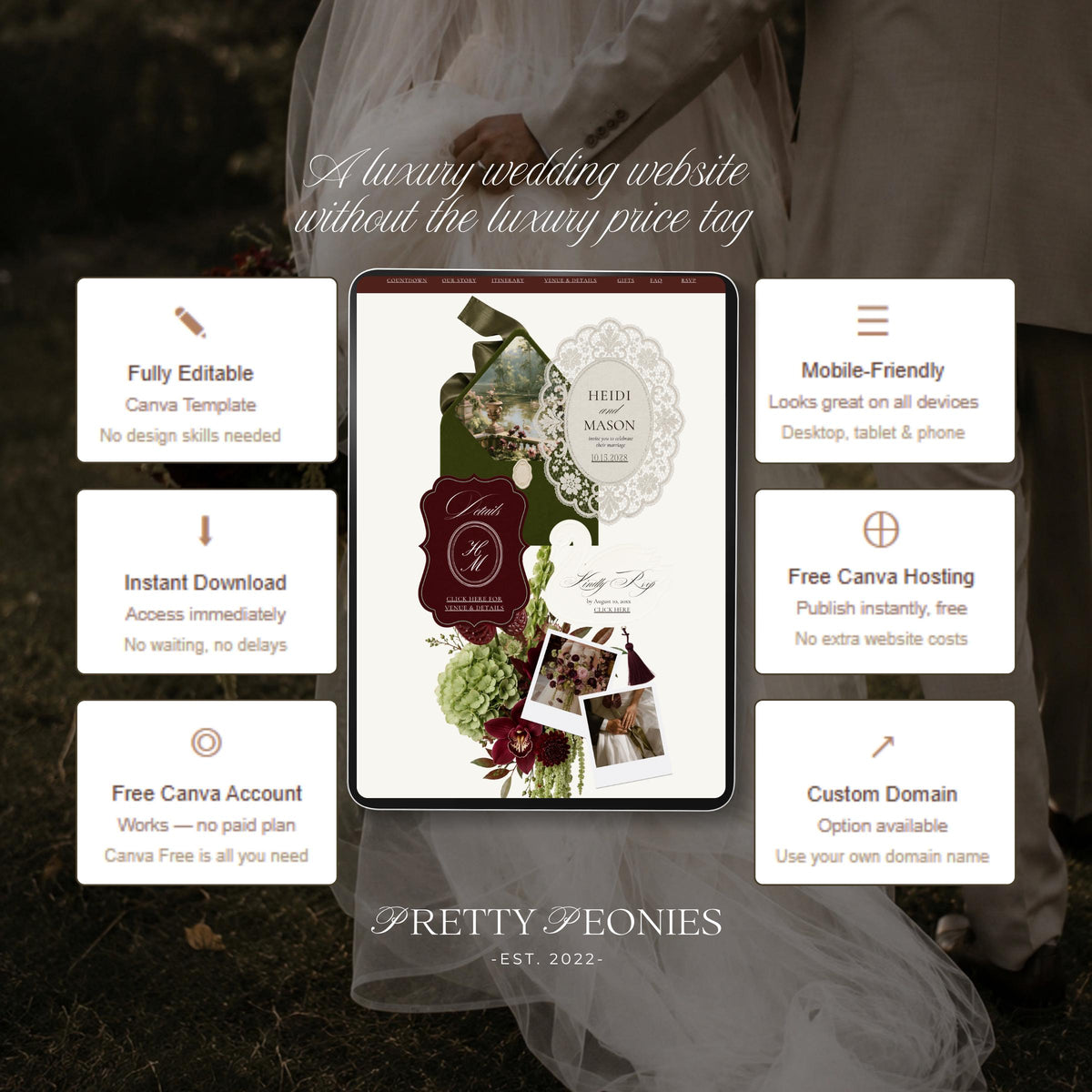 Old money wedding website template on a tablet with dark green and burgundy florals, polaroid-style photos and ornate frames