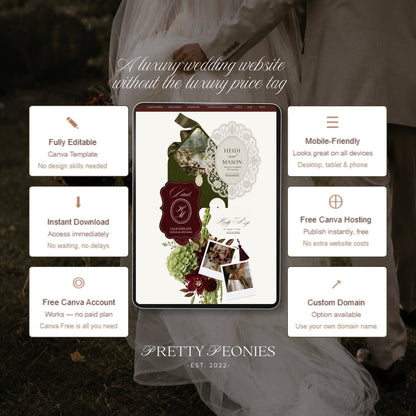 Old money wedding website template on a tablet with dark green and burgundy florals, polaroid-style photos and ornate frames