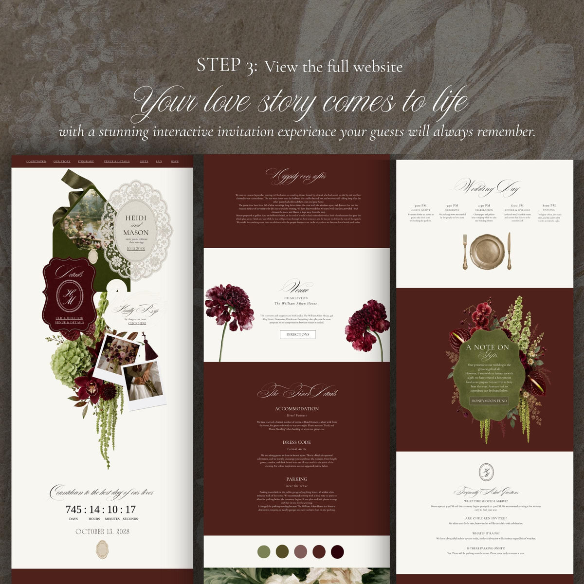 Full-length view of the burgundy and cream wedding website layout with event details, countdown timer, venue section and dark red dahlia illustrations