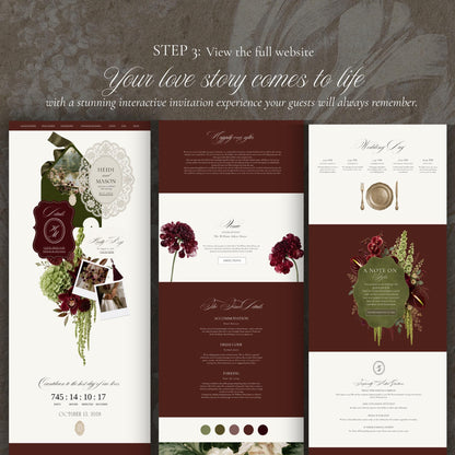 Full-length view of the burgundy and cream wedding website layout with event details, countdown timer, venue section and dark red dahlia illustrations