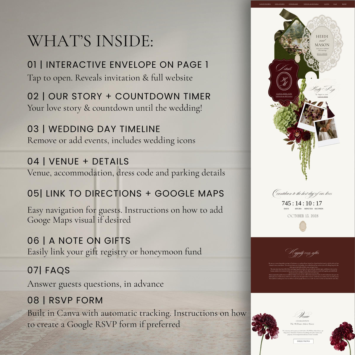 List of eight interactive wedding website features including envelope, countdown timer, timeline, venue details, Google Maps link, gift registry, FAQs and RSVP form