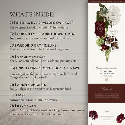 List of eight interactive wedding website features including envelope, countdown timer, timeline, venue details, Google Maps link, gift registry, FAQs and RSVP form