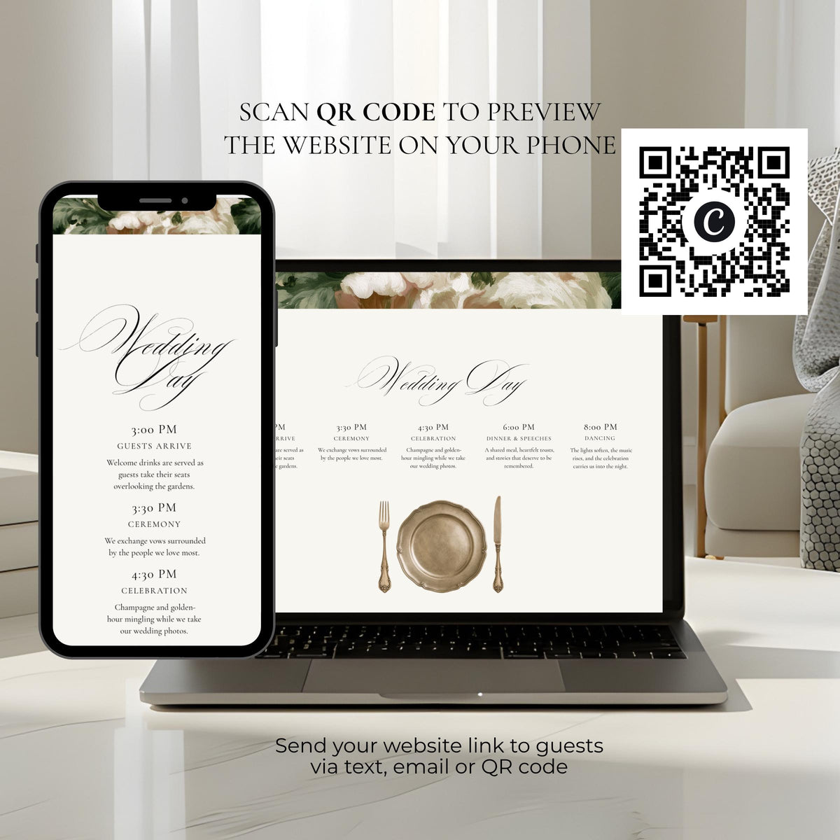 Wedding day timeline page on a phone and laptop with a QR code to preview the wedding website and share it by text, email or QR code