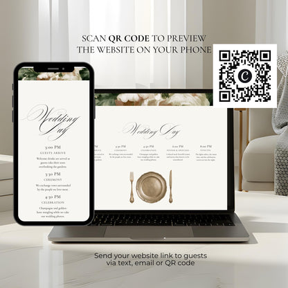 Wedding day timeline page on a phone and laptop with a QR code to preview the wedding website and share it by text, email or QR code
