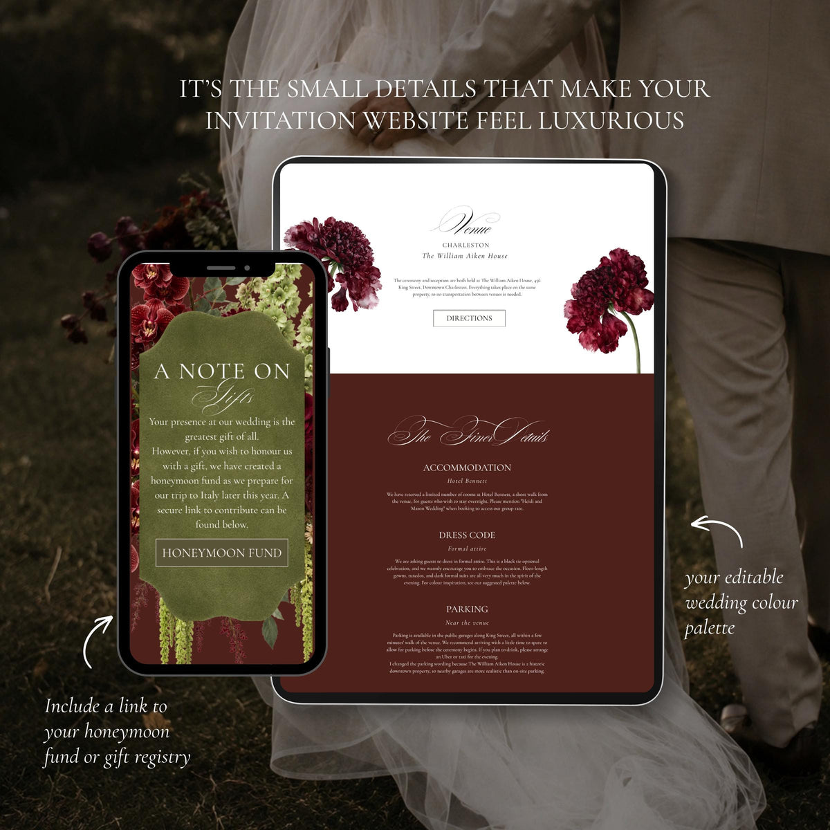 Wedding website gift note, honeymoon fund, accommodation, dress code and parking sections on a phone and tablet with deep maroon backgrounds