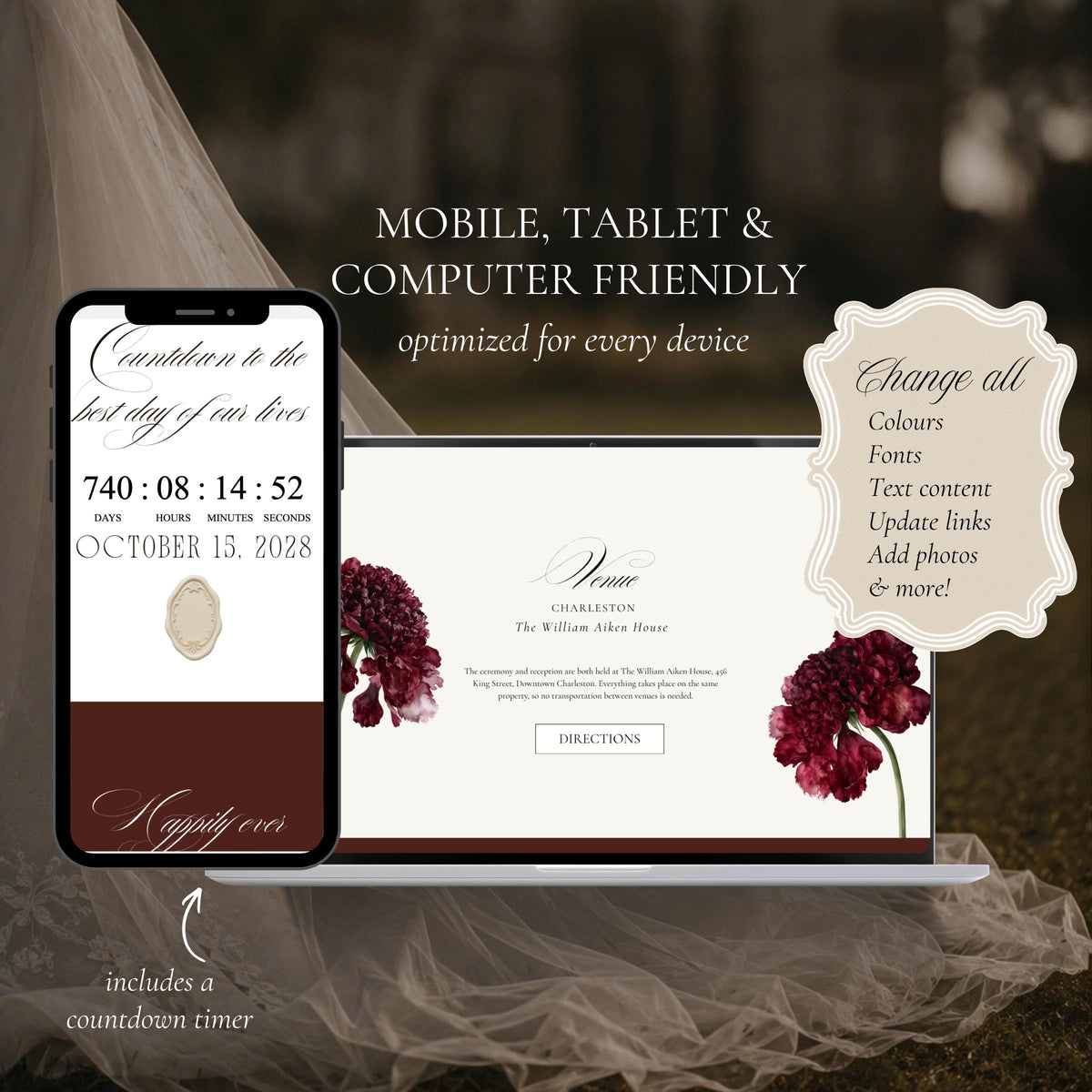 Burgundy floral wedding website on a phone and laptop showing the live countdown timer and venue section