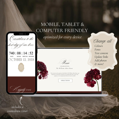 Burgundy floral wedding website on a phone and laptop showing the live countdown timer and venue section