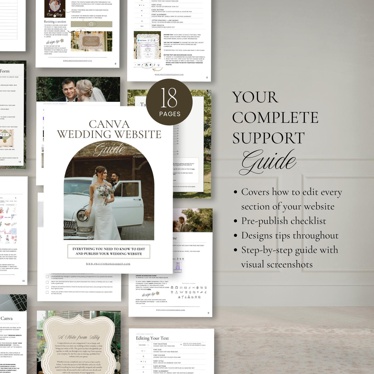 18-page Canva wedding website guide with step-by-step editing instructions, design tips and a pre-publish checklist