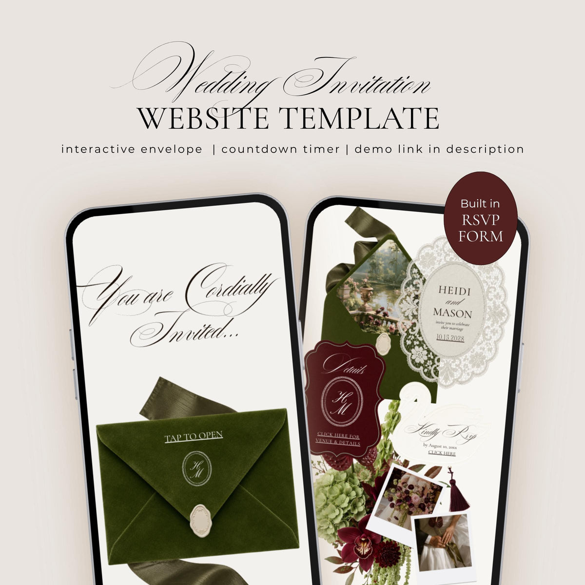 Heidi burgundy and olive green wedding website template on two phones, showing the velvet olive envelope with tap to open and the built-in RSVP form
