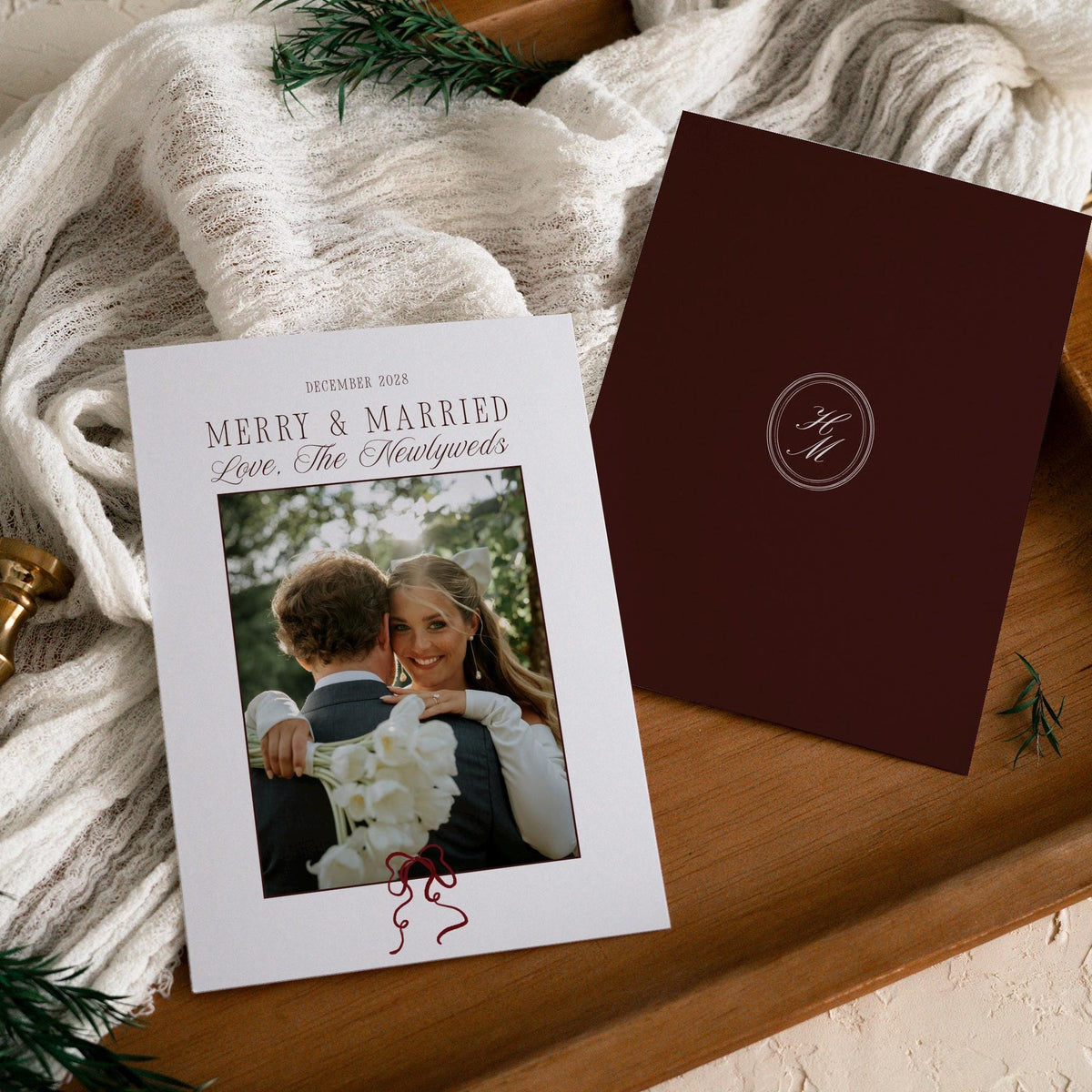 Burgundy Merry and Married newlywed Christmas photo card template in an old money style, 5x7