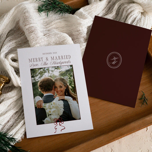 Burgundy Merry and Married newlywed Christmas photo card template in an old money style, 5x7