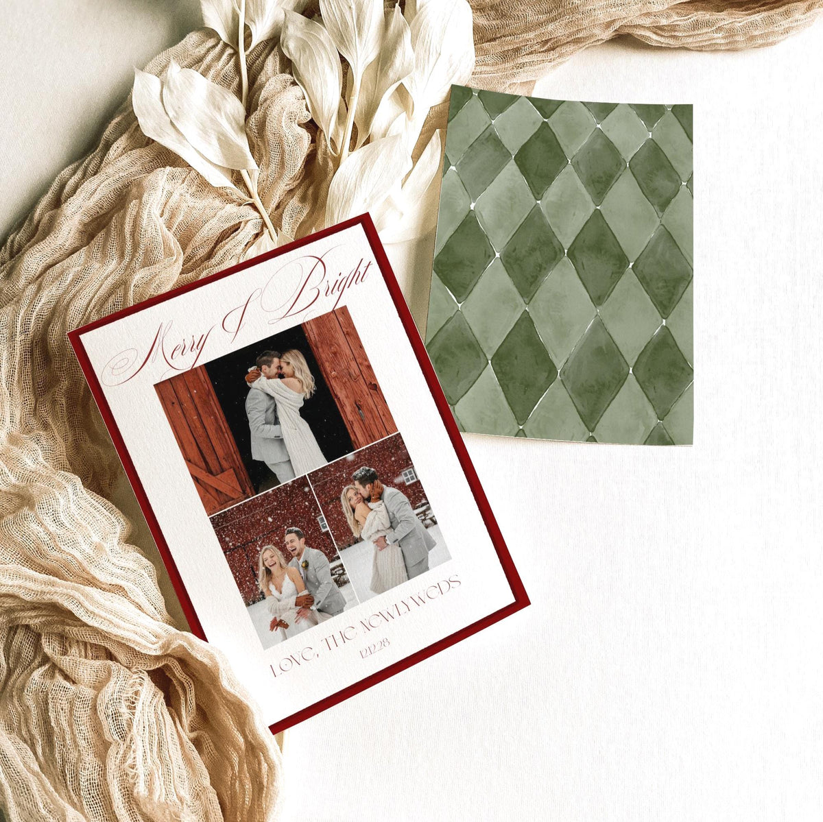 Front and back of the Merry and Bright photo collage Christmas card styled with cream gauze and dried leaves