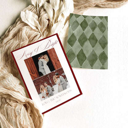 Front and back of the Merry and Bright photo collage Christmas card styled with cream gauze and dried leaves
