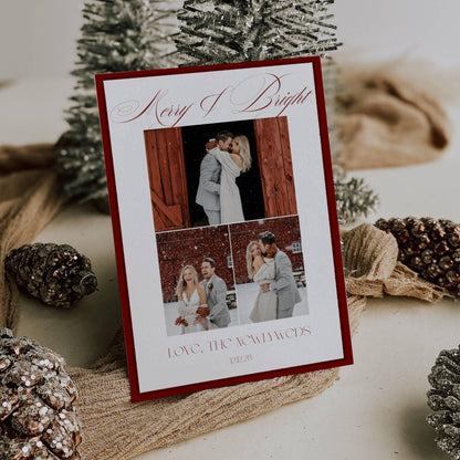 Love The Newlyweds three photo Christmas card template standing among frosted pinecones and silver trees