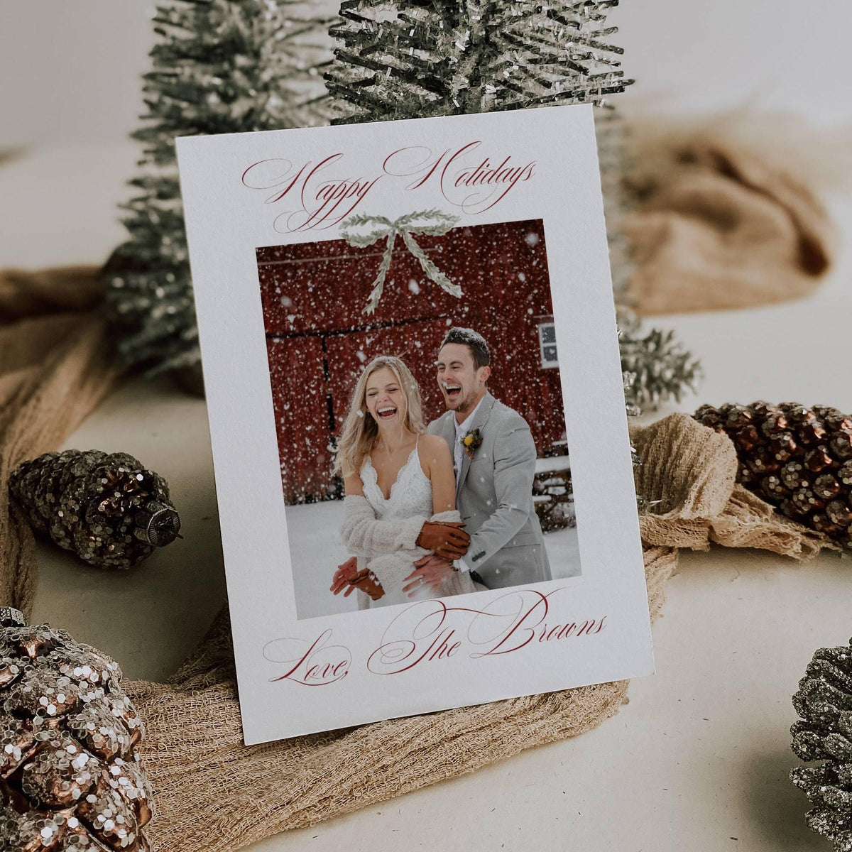Love The Browns Happy Holidays photo card standing among frosted pinecones and silver Christmas trees