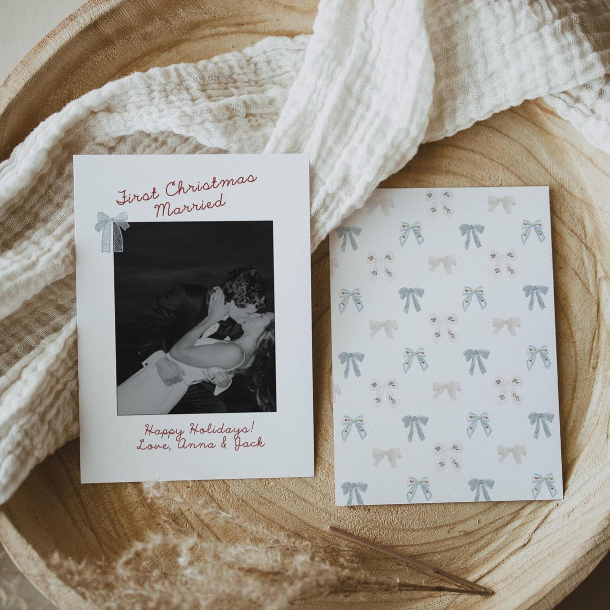 Blue bow First Christmas Married wedding photo Christmas card, styled holiday flat lay