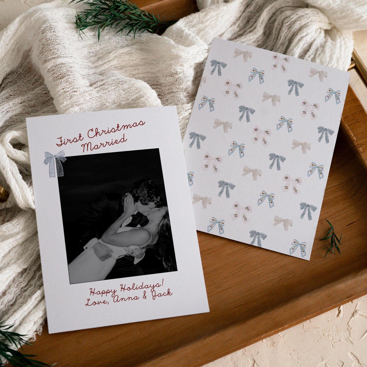 First Christmas Married photo card with festive blue bows, 5x7 newlywed holiday card