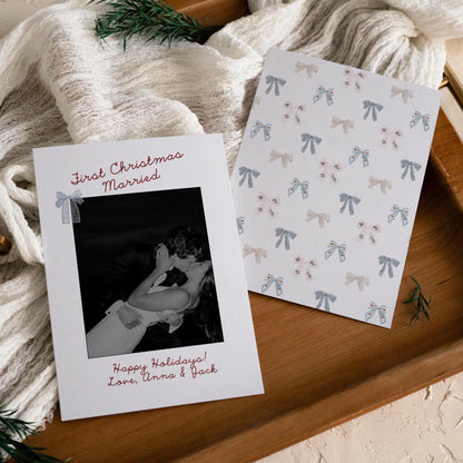 First Christmas Married photo card with festive blue bows, 5x7 newlywed holiday card