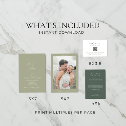 Sage Green Wedding Invitation Suite Template - Angelica